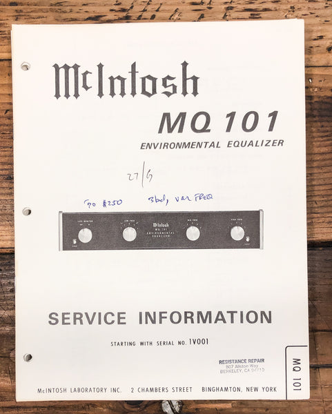 McIntosh MQ-101 MQ101 Equalizer  Service Manual *Original*