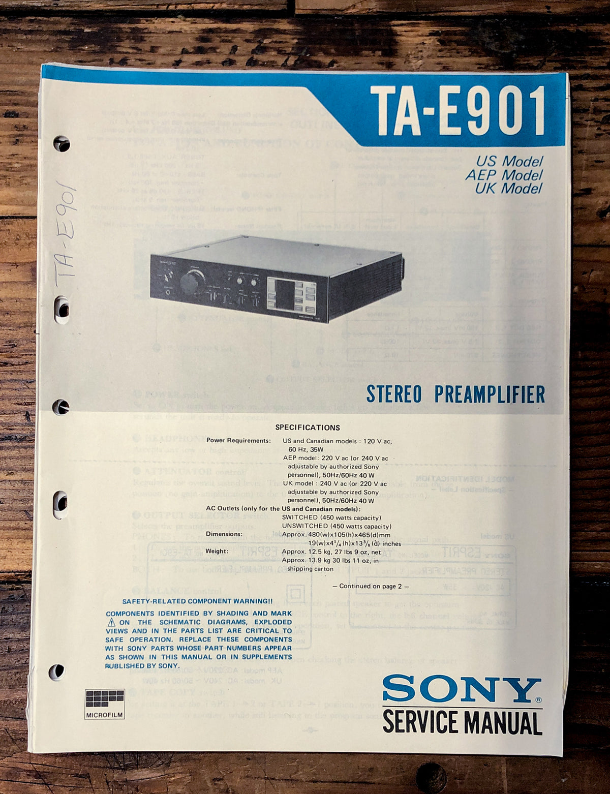 Sony TA-E901 Preamp / Preamplifier  Service Manual *Original*
