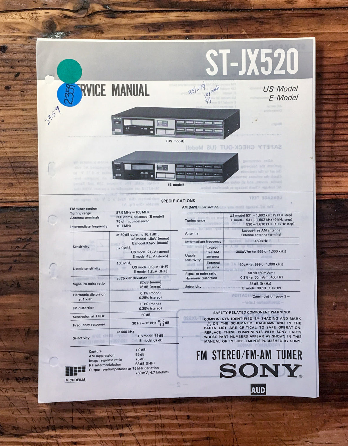Sony ST-JX520 Tuner  Service Manual *Original*