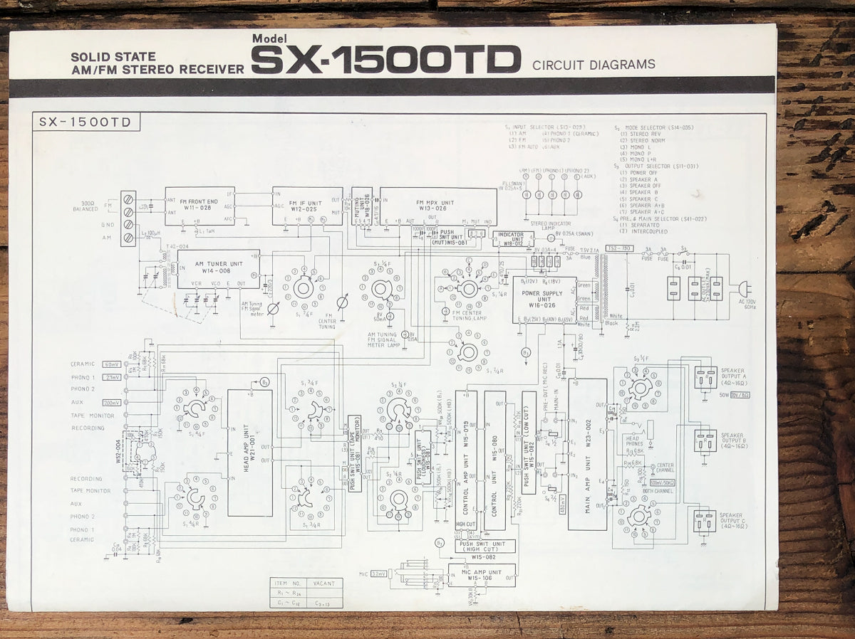Pioneer SX-1500TD SX-1500 TD Receiver Fold Out Schematic *Original*