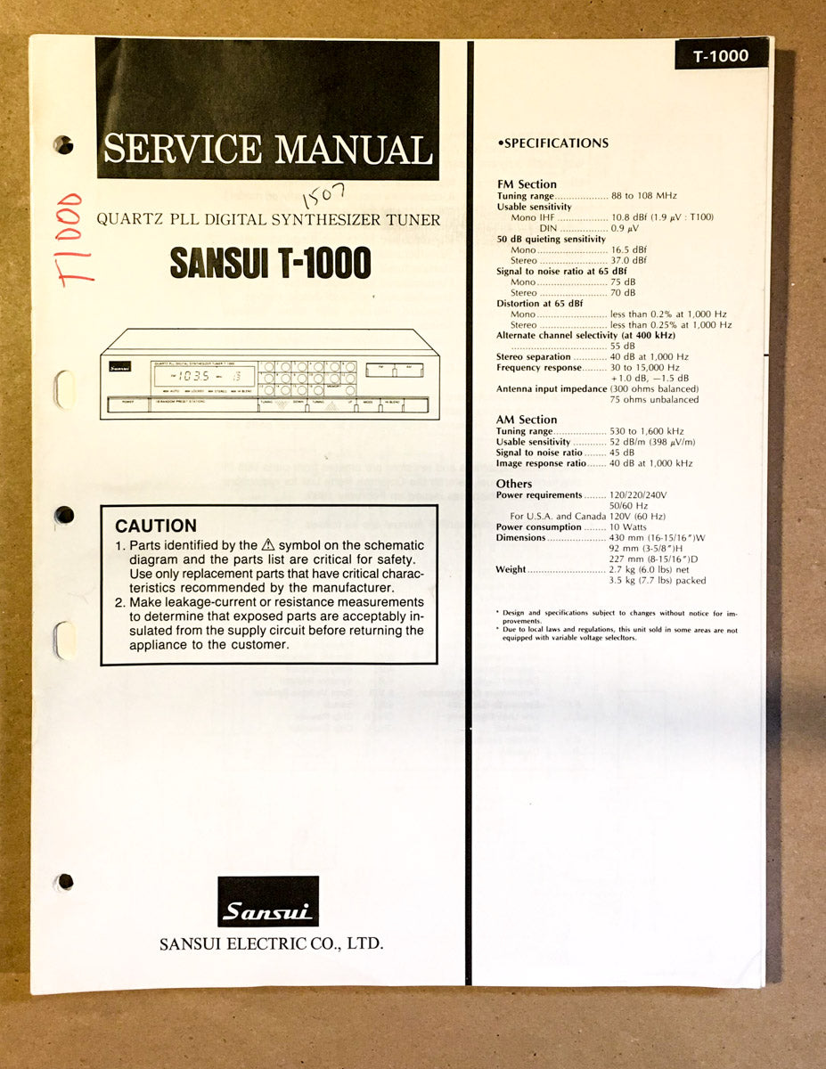 Sansui T-1000 Tuner Service Manual *Original*