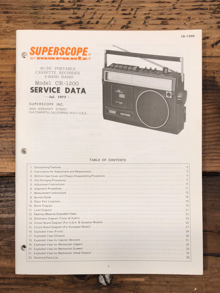 Superscope CR-1200 Cassette Recorder  Service Manual *Original*
