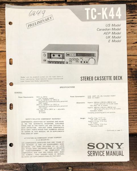 Sony TC-K44 Cassette Prelim. Service Manual *Original*