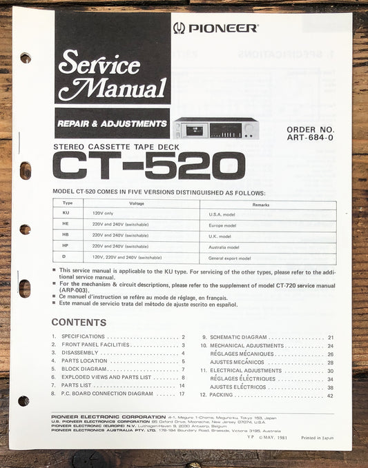 Pioneer CT-520 Cassette Service Manual *Original*