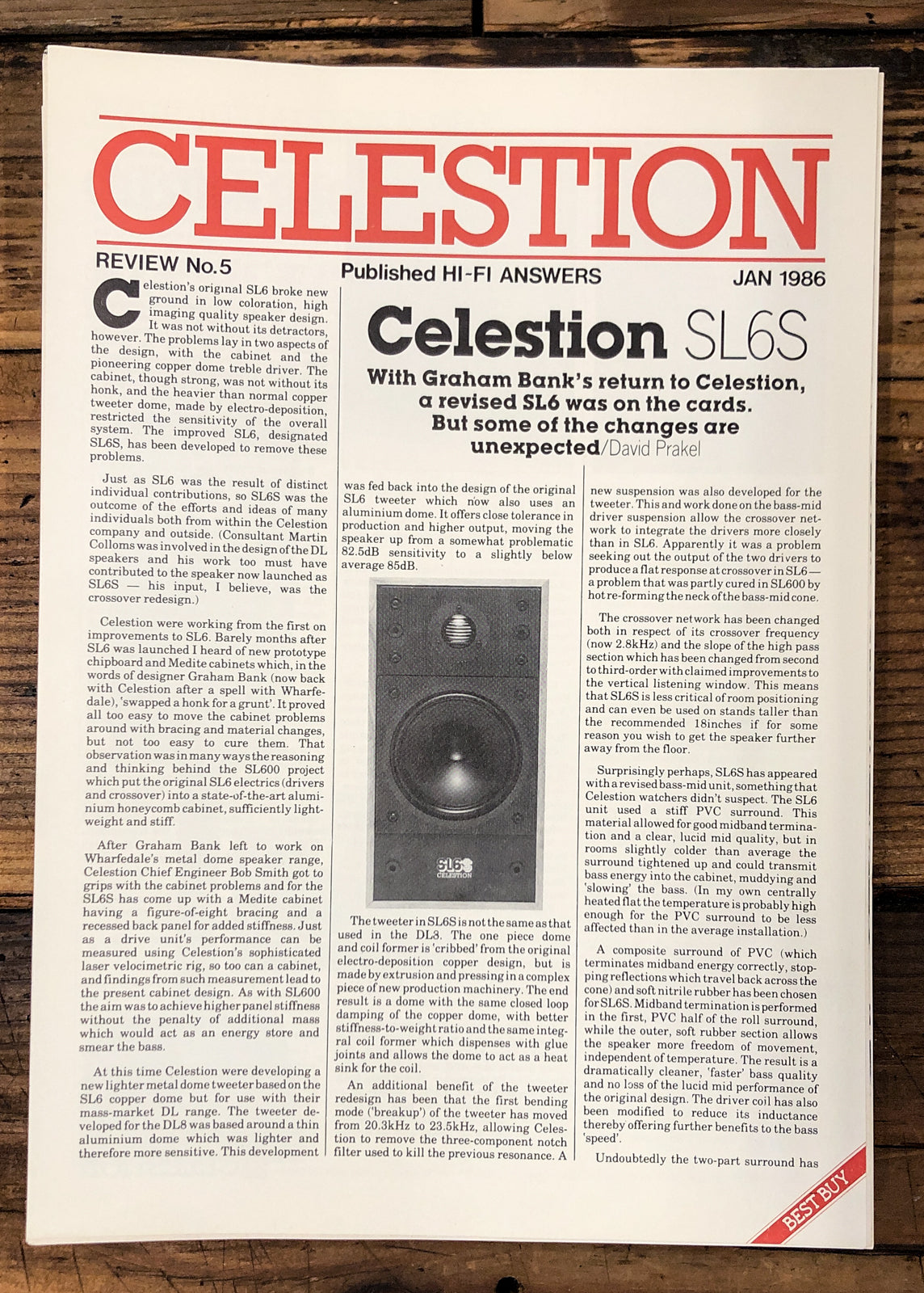 Celestion Model SL6S Speaker Review Reprint 1pg  *Original*