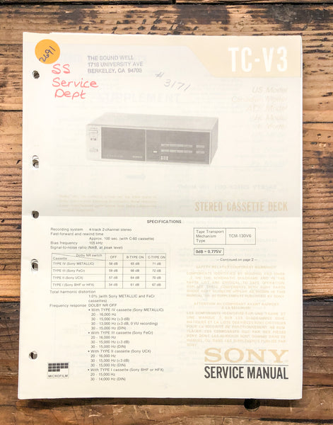 Sony TC-V3 Cassette  Service Manual *Original*