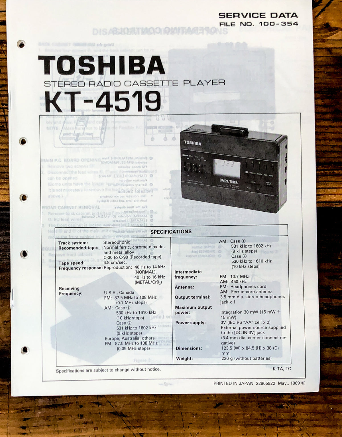 Toshiba Model KT-4519 Cassette Service Manual *Original*