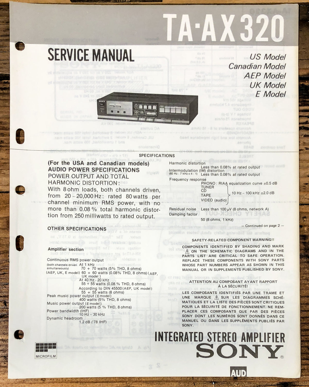 Sony TA-AX320 Amplifier  Service Manual *Original*