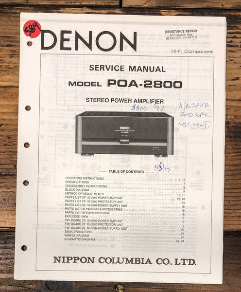 Denon POA-2800 Amplifier Service Manual *Original*