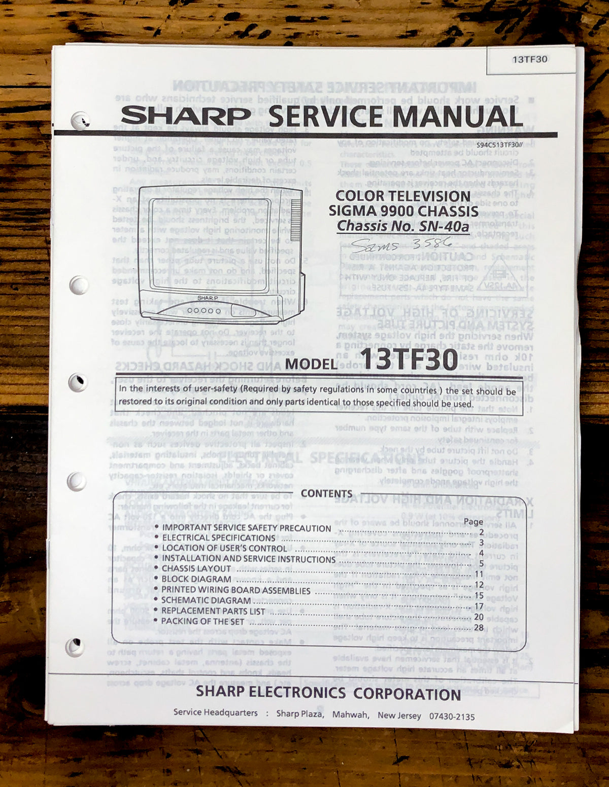 Sharp 13TF30 TV / Television Service Manual *Original*