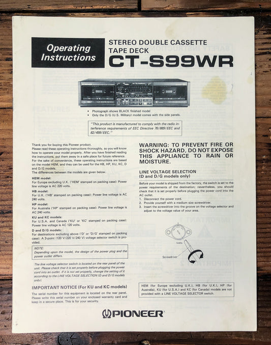 Pioneer CT-S99WR Double Cassette Deck Owners / User Manual *Original*