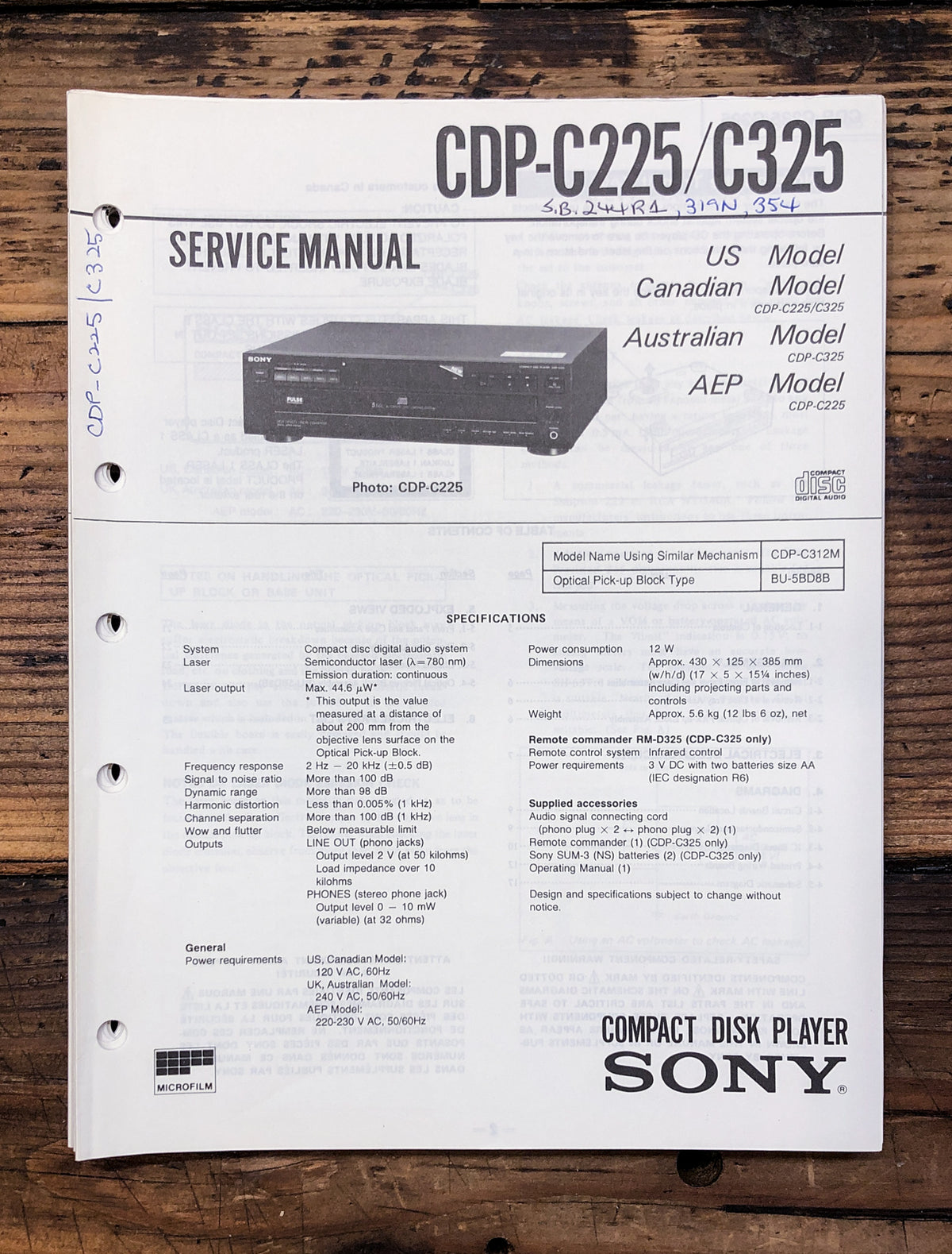 Sony CDP-C225 CDP-C325 CD Player  Service Manual *Original*