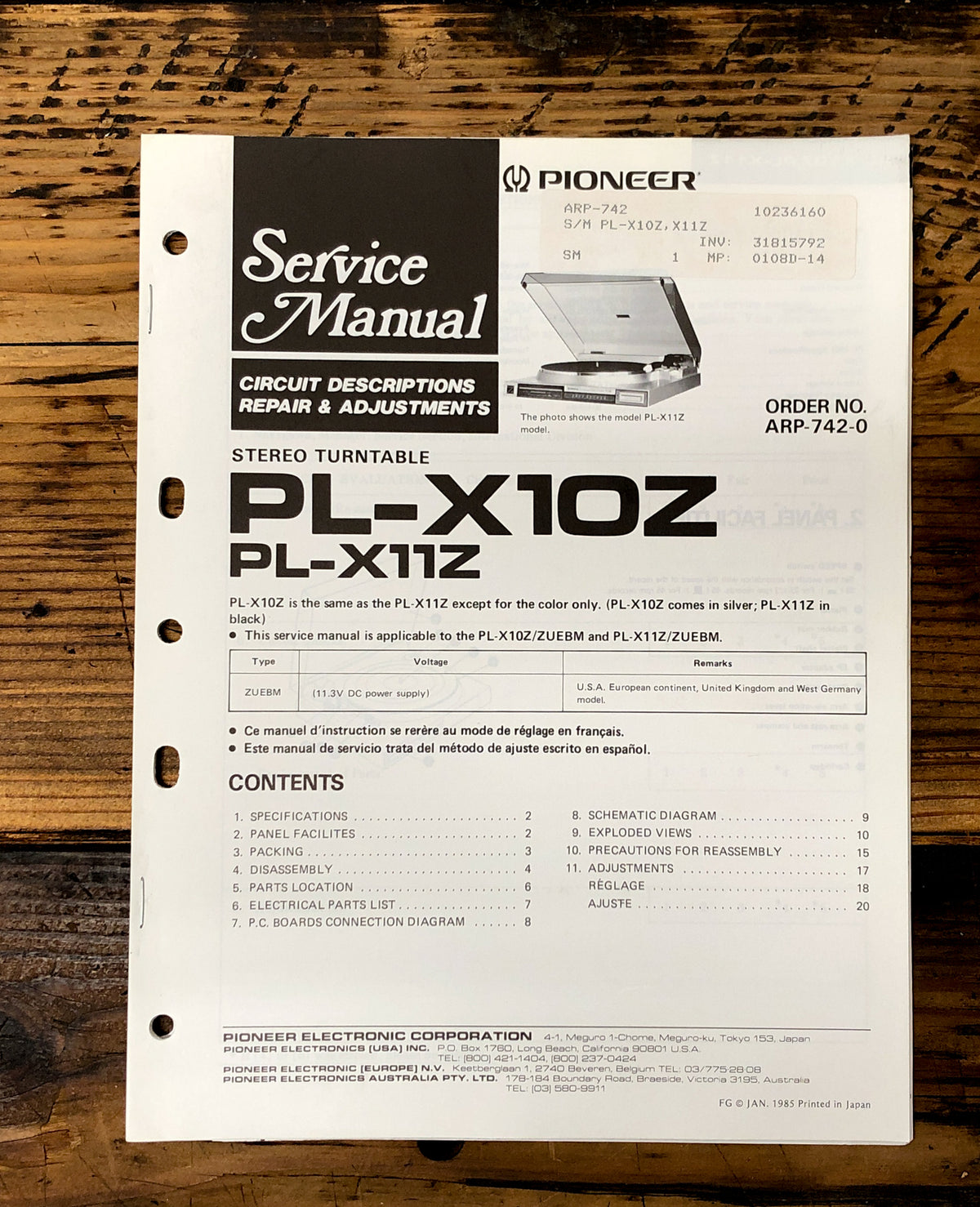 Pioneer PL-X10Z PL-X11Z Record Player / Turntable  Service Manual *Original*