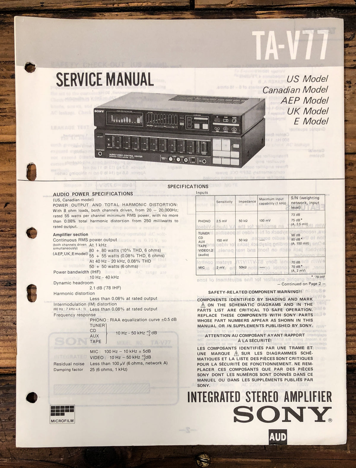 Sony TA-V77 Amplifier Service Manual *Original*