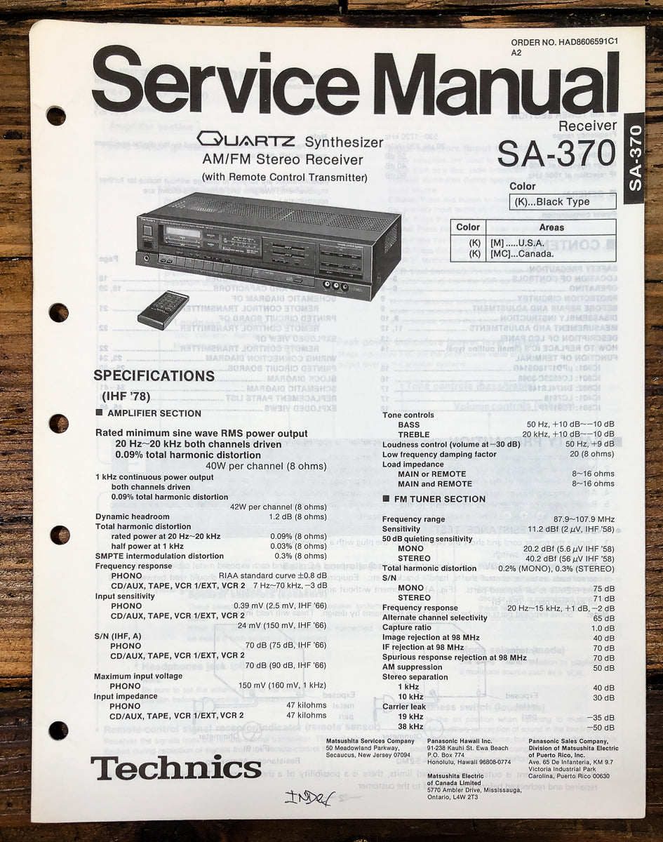 Technics SA-370 Receiver Service Manual *Original*
