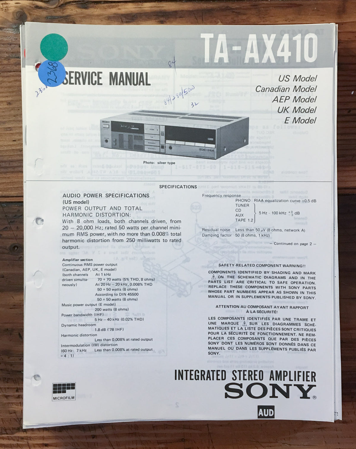 Sony TA-AX410 Amplifier  Service Manual *Original*