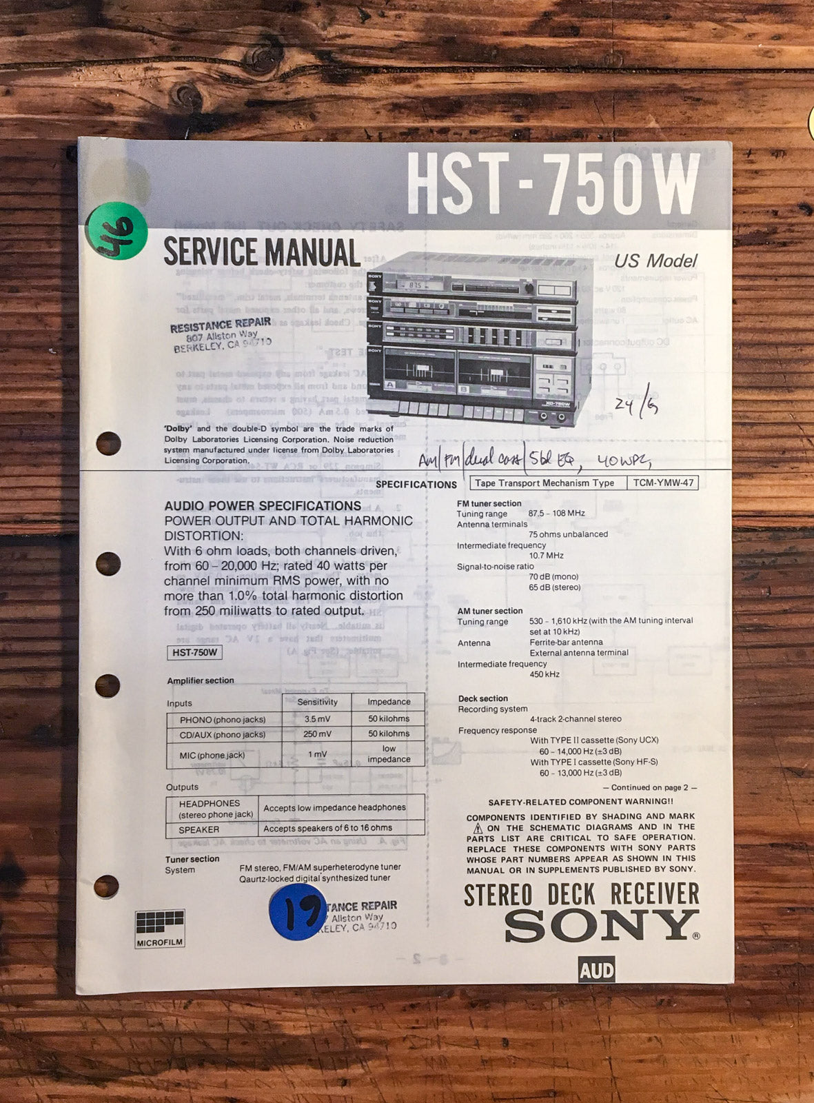 Sony HST-750W Stereo  Service Manual *Original*