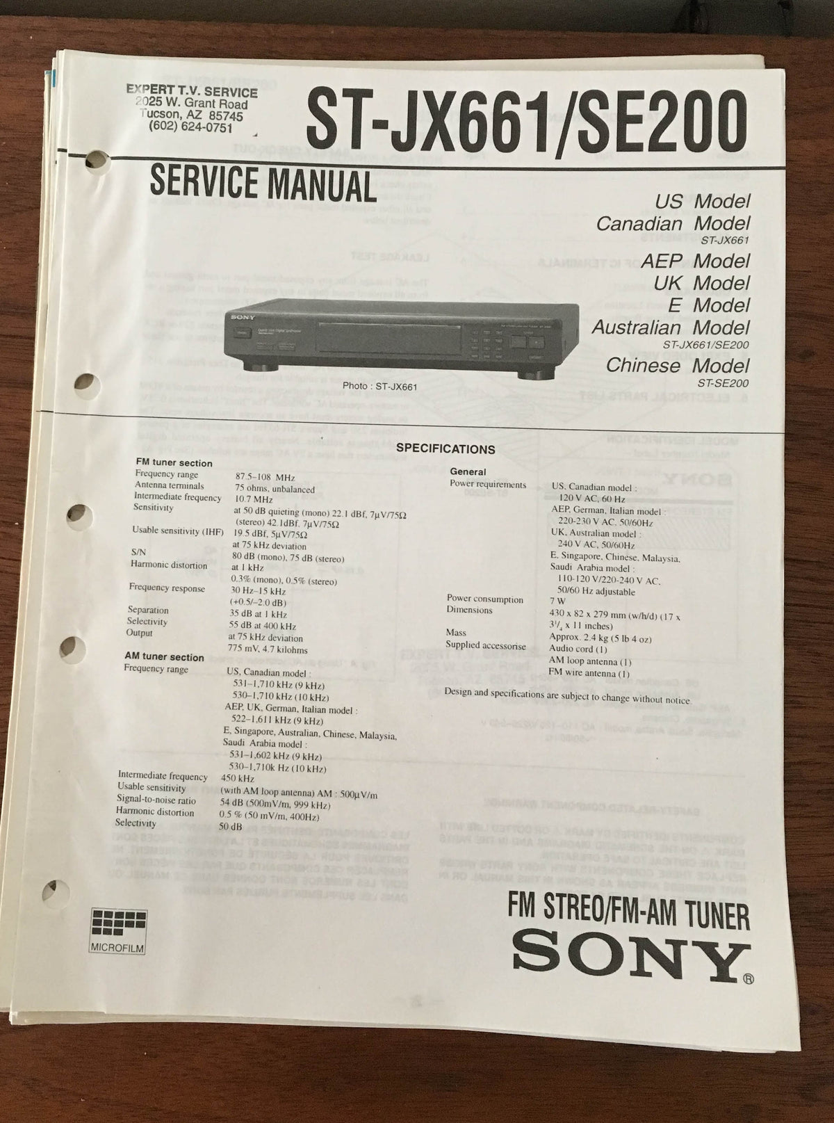Sony ST-JX661 ST-SE200 Tuner Service Manual *Original*
