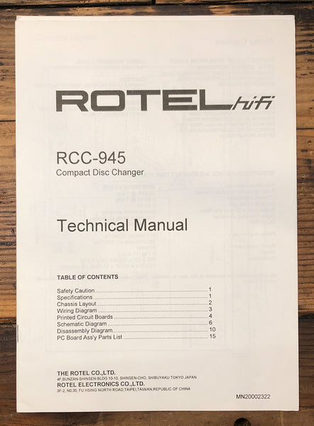 Rotel RCC-945 CD Player  Service Manual *Original*