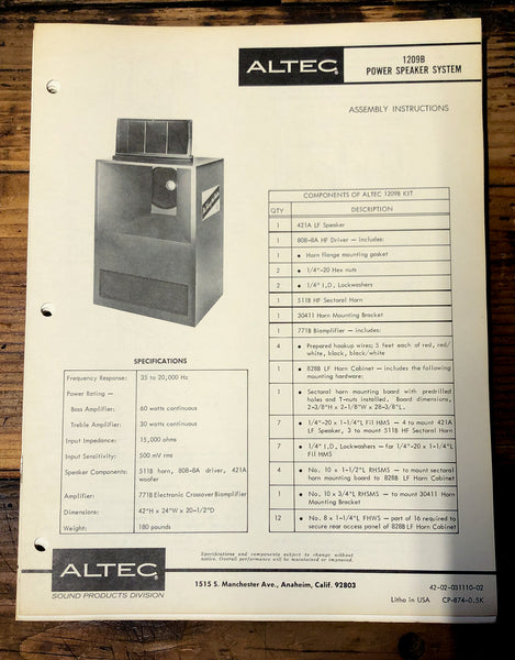 Altec Model 1209B Speaker  Owners Manual & Schematic *Orig*