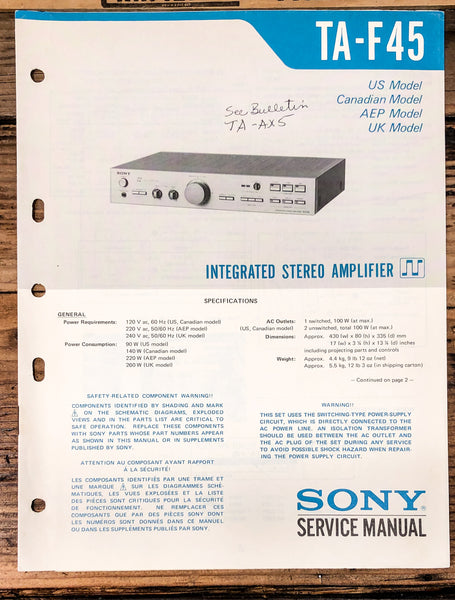 Sony TA-F45 Amplifier  Service Manual *Original*