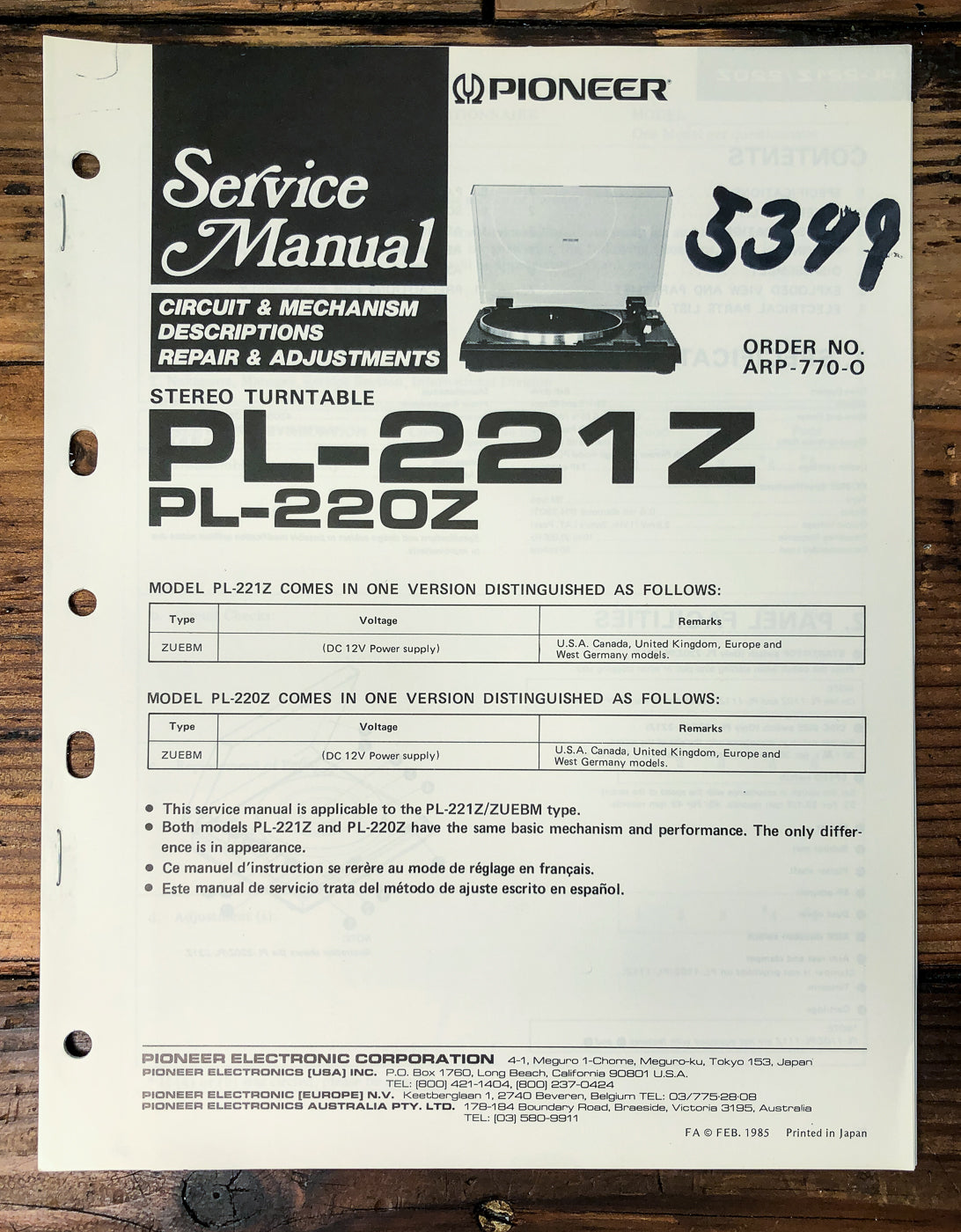 Pioneer PL-221Z PL-220Z Turntable Service Manual *Original*