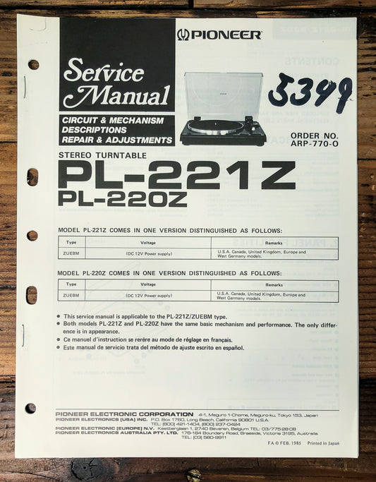 Pioneer PL-221Z PL-220Z Turntable Service Manual *Original*