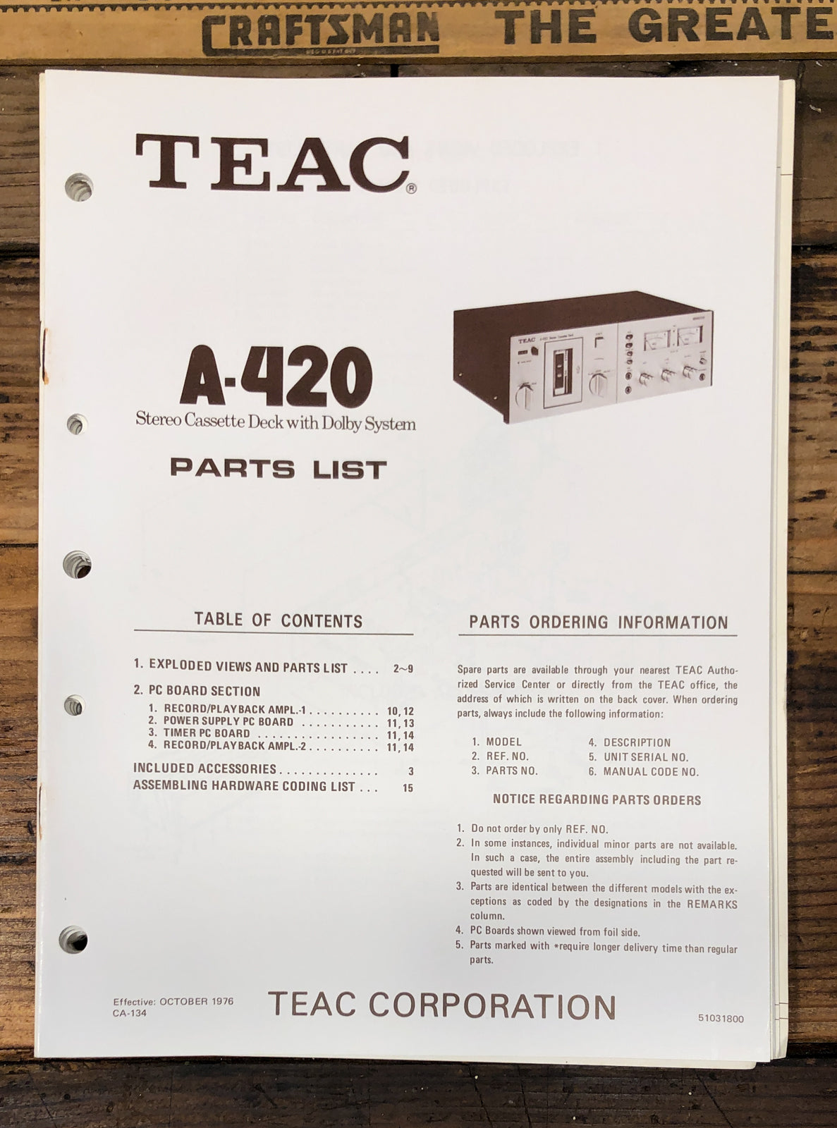 Teac / Tascam A-420 Cassette Parts List Manual  *Original*