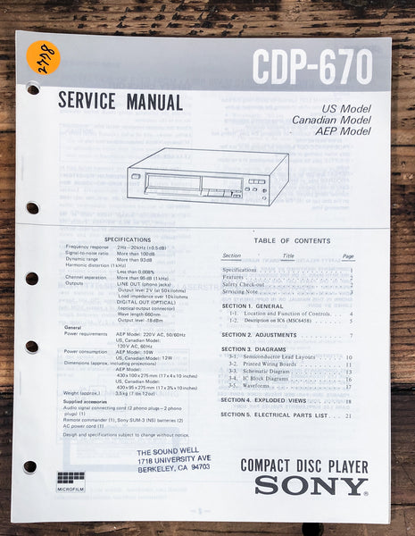 Sony CDP-670 CD Player  Service Manual *Original*