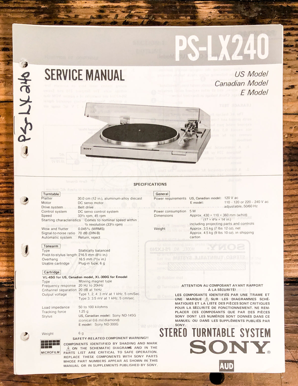 Sony PS-LX240 Record Player / Turntable  Service Manual *Original*