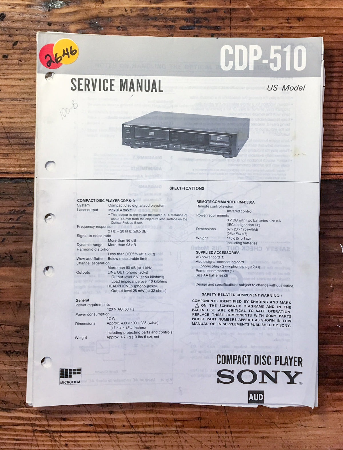 Sony CDP-510 CD Player  Service Manual *Original*