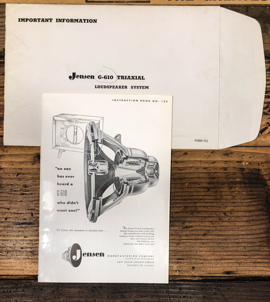 Jensen Model G-610 Triaxial Speaker Owners / User Manual *Original*