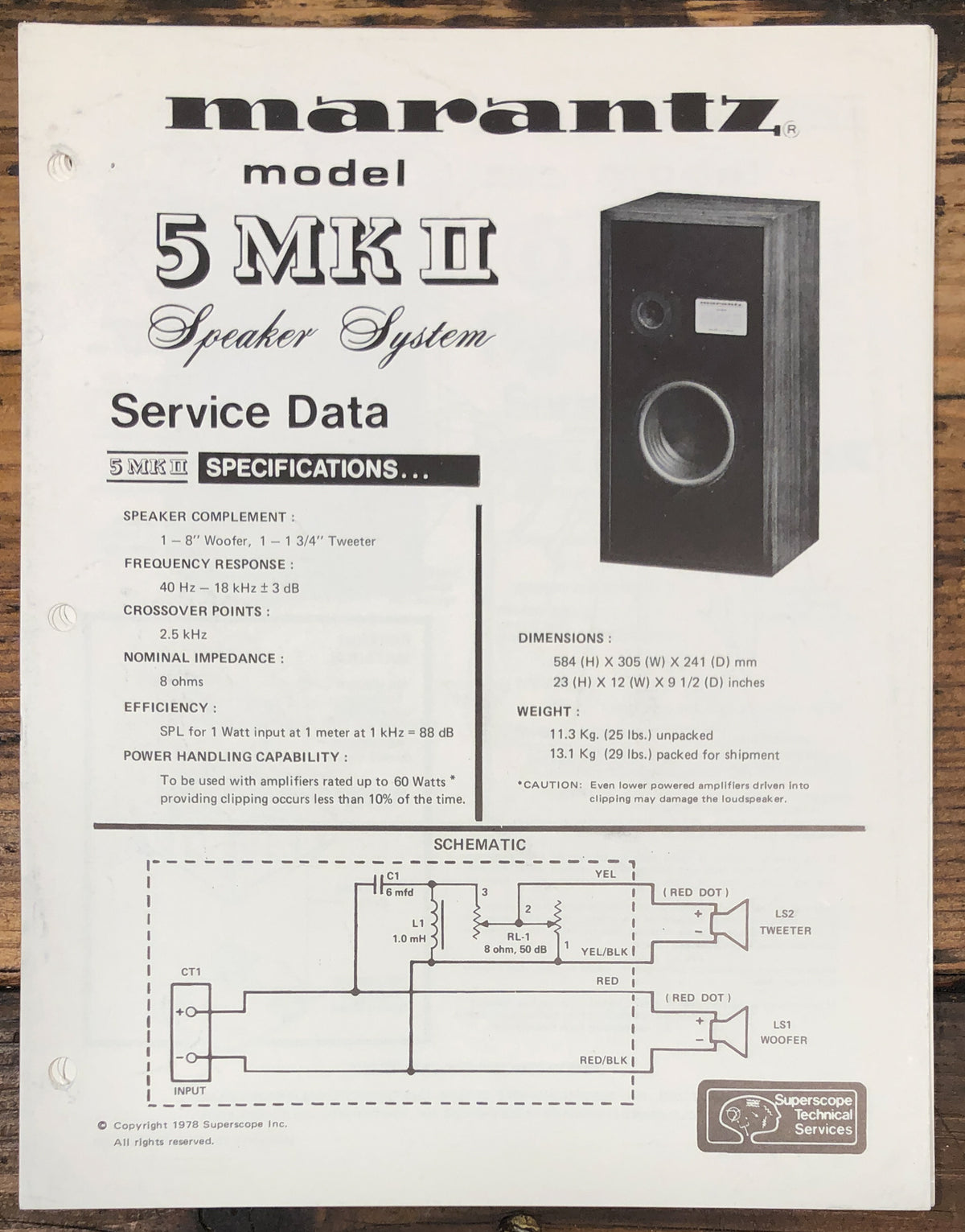 Marantz Model 5 MKII Speaker Service Data Sheet  *Original*