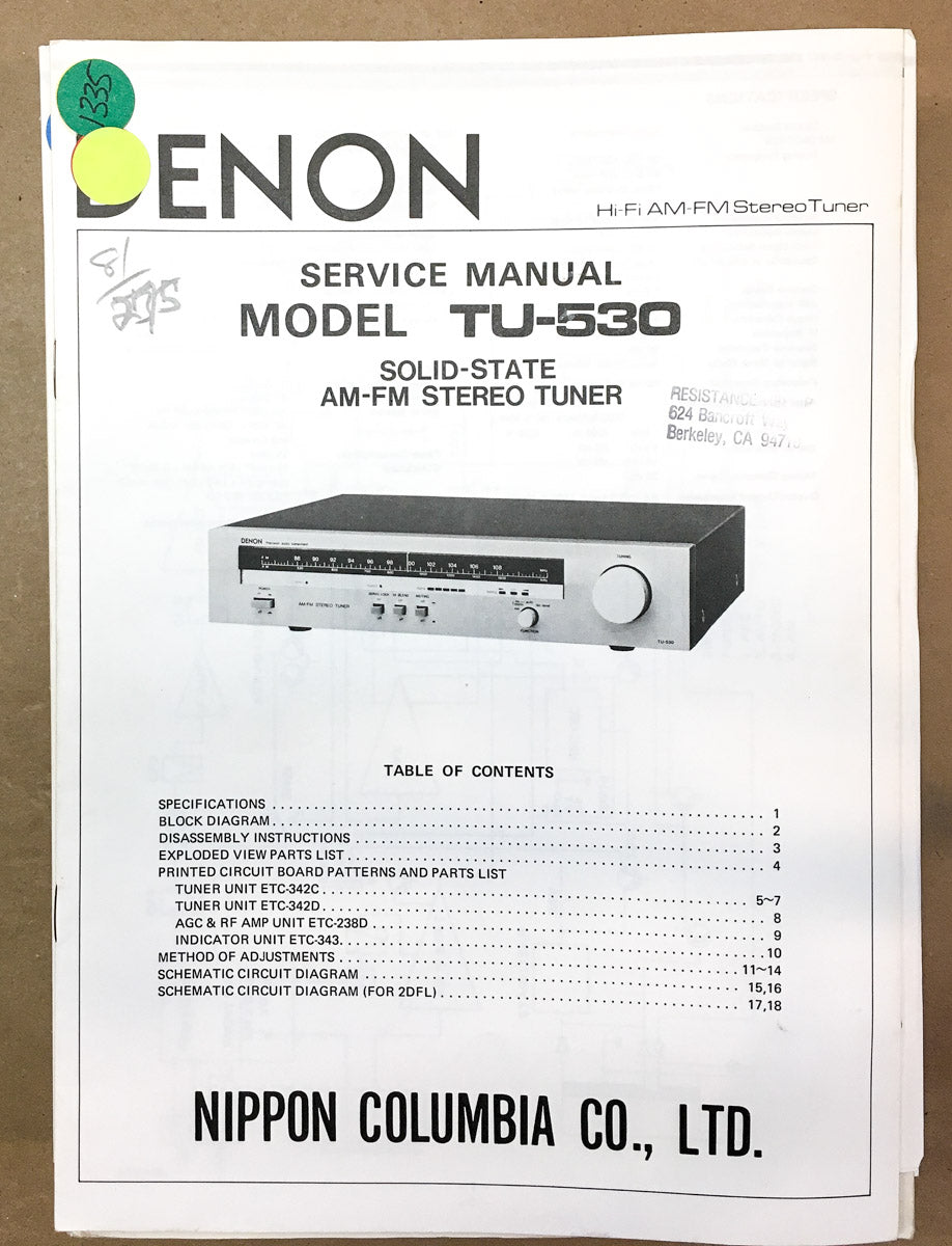 Denon TU-530 Tuner  Service Manual *Original*