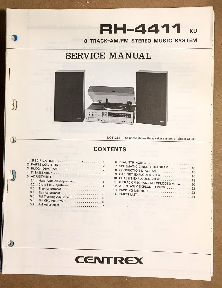 Pioneer / Centrex RH-4411 8 Track Stereo Service Manual *Original*