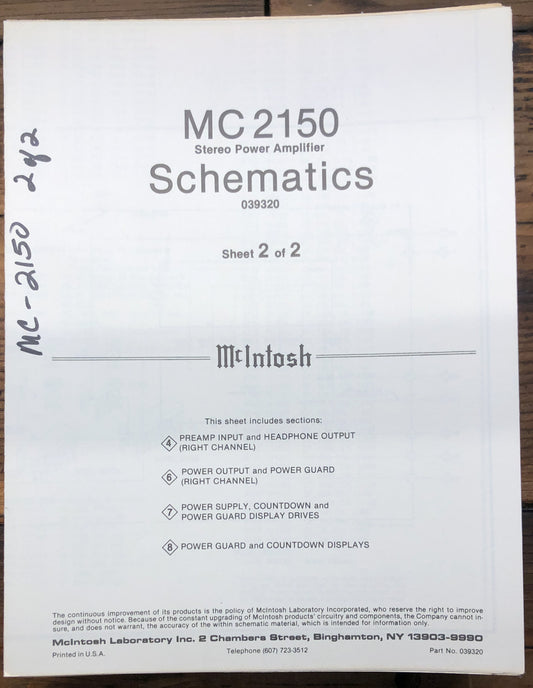 McIntosh MC2150 MC-2150   Schematic Manual *Original* #2