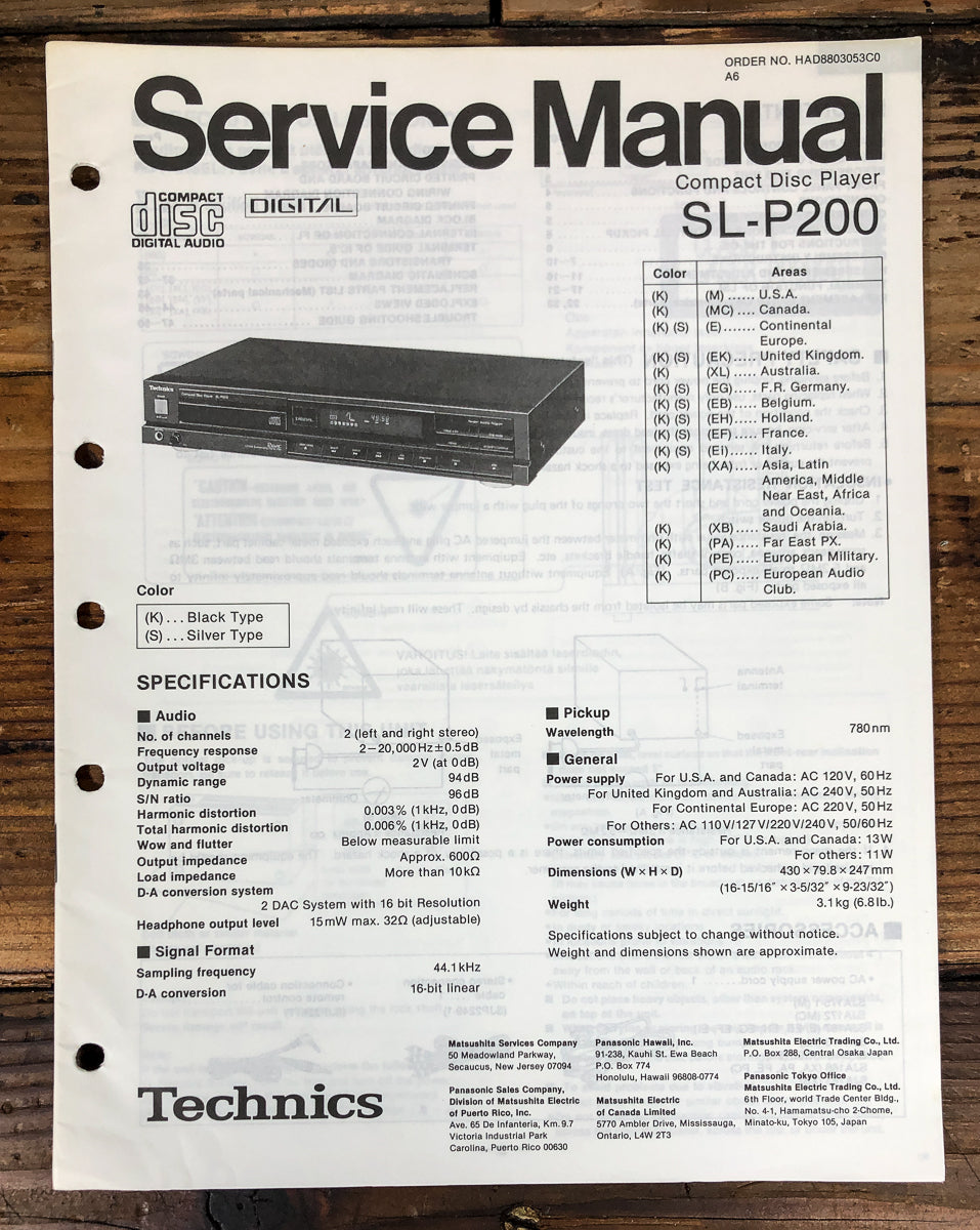 Technics SL-P200 CD Player Service Manual *Original*