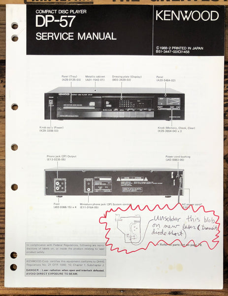 Kenwood DP-57 CD Player Service Manual *Original*