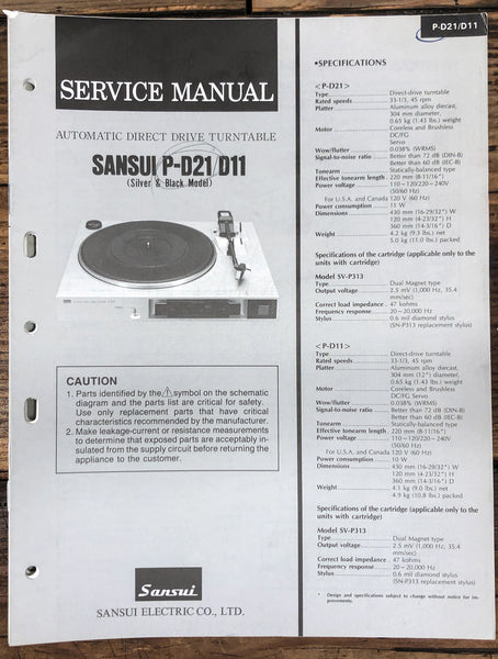 Sansui P-D11 P-D21 Record Player / Turntable  Service Manual *Original*