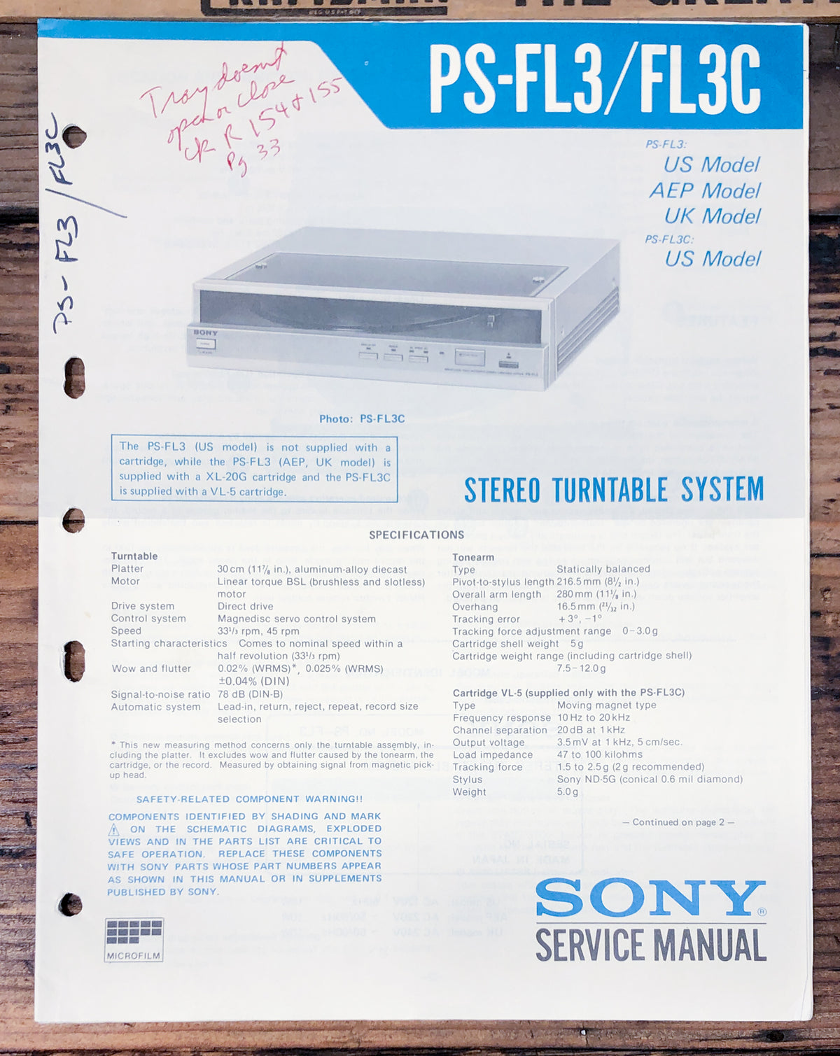 Sony PS-FL3 PS-FL3C Record Player / Turntable  Service Manual *Original*