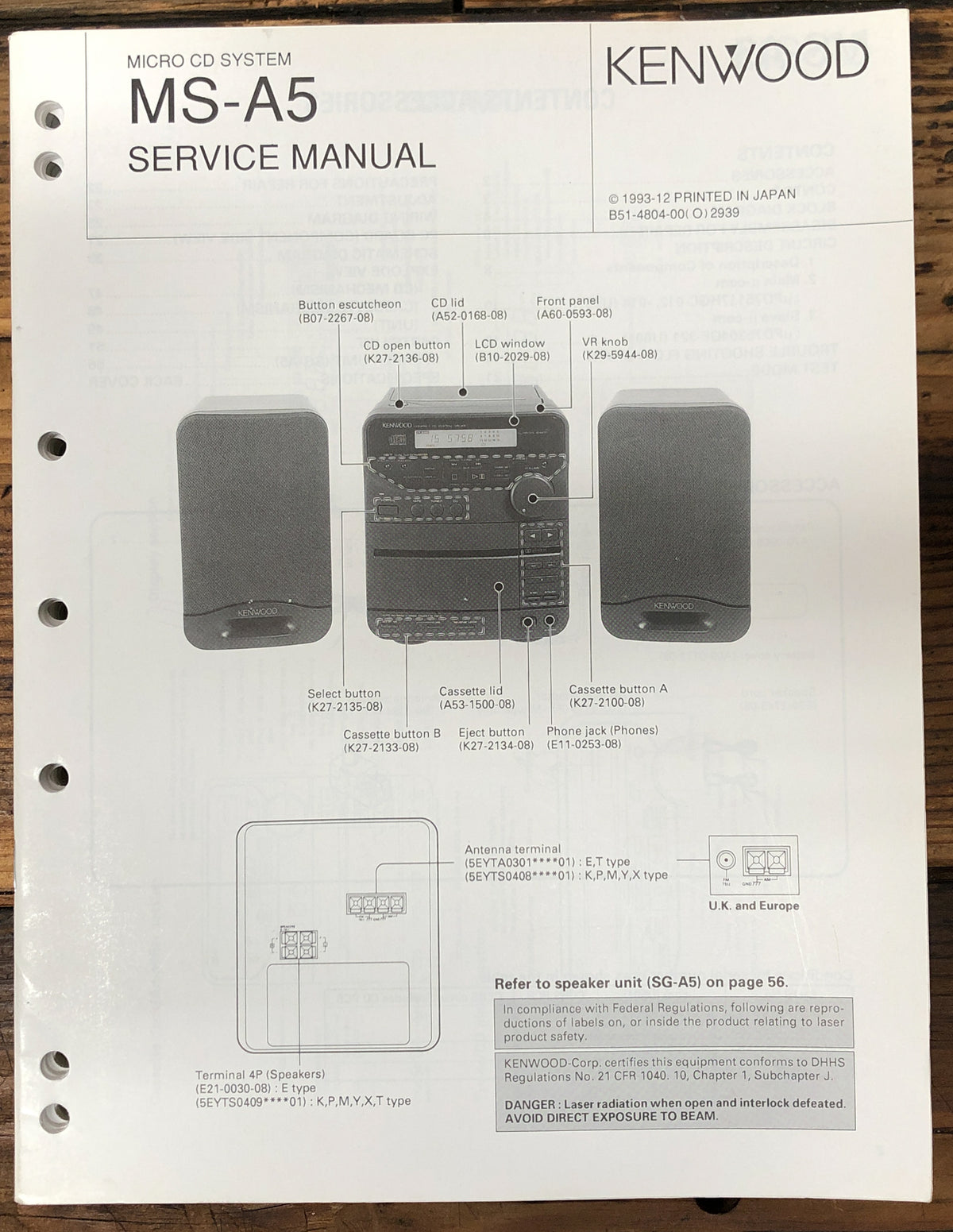 Kenwood MS-A5 Stereo  Service Manual *Original*