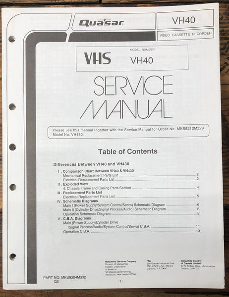 Quasar VH40 VCR Differences Service Manual *Original*