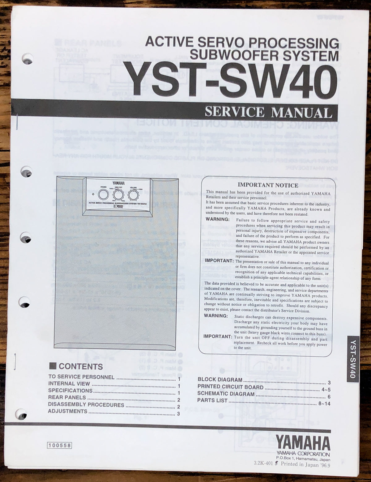 Yamaha YST-SW40 Subwoofer Service Manual *Original*