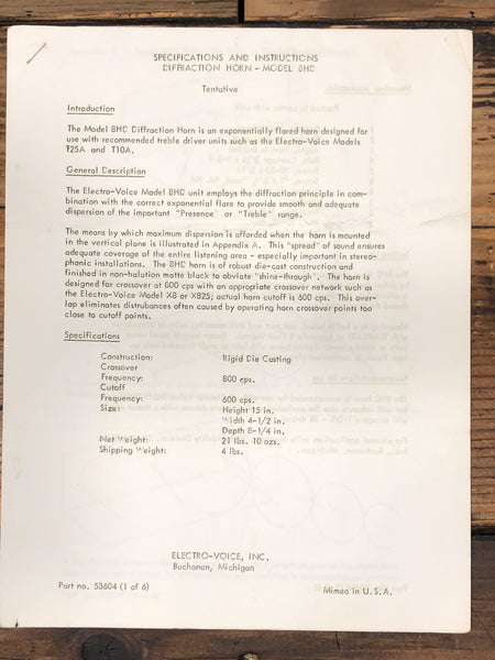 Electrovoice Model 8HD Horn / Speaker Owners / User Manual *Original*