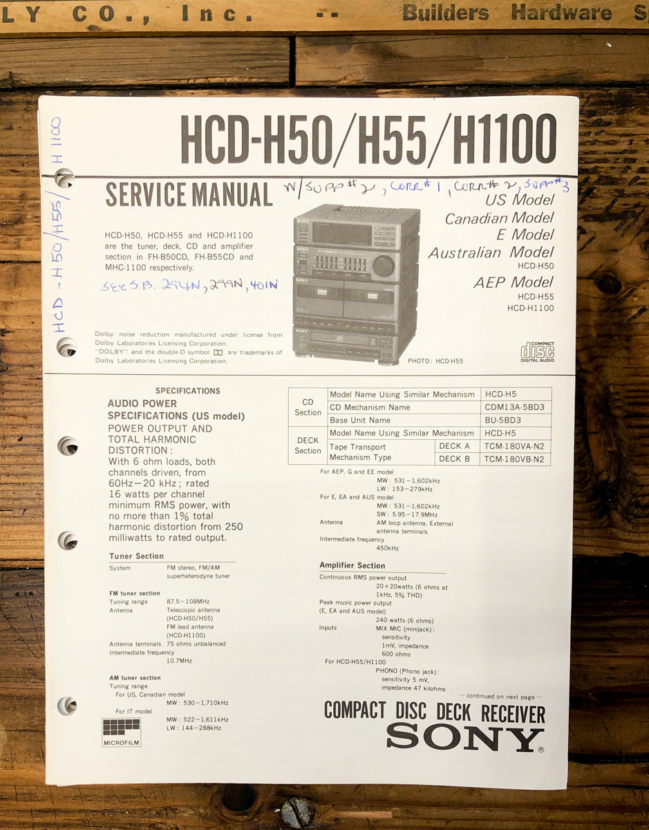 Sony HCD-H50 HCD-H55 HCD-H1100 Stereo  Service Manual *Original*