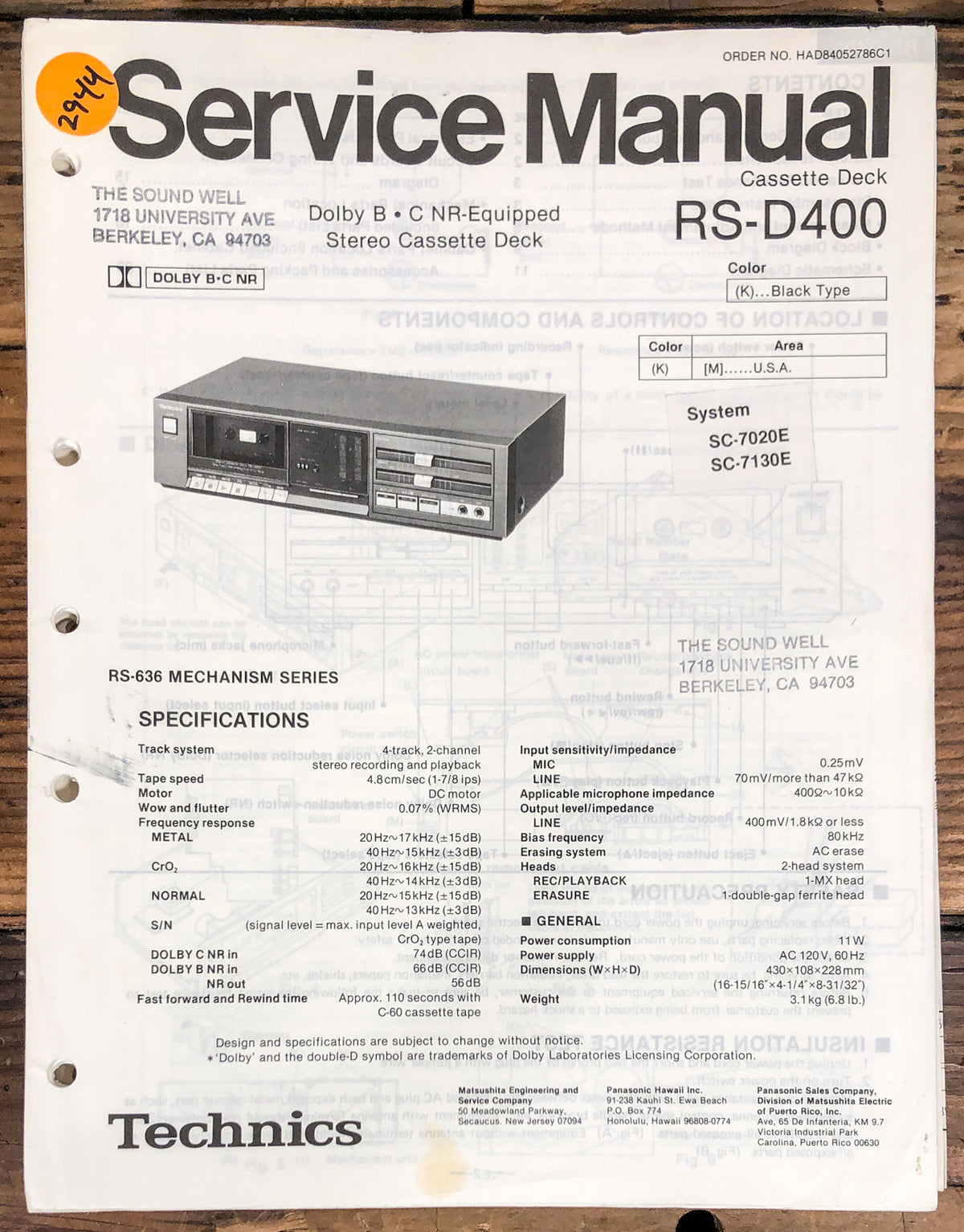 Technics RS-D400 Cassette  Service Manual *Original*