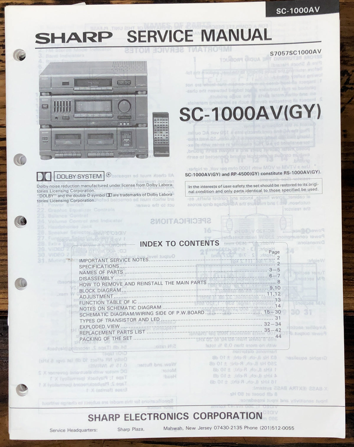 Sharp SC-1000AV Stereo System Service Manual *Original*