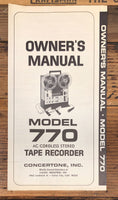 Concertone Model 770 Reel to Reel Owners / User Manual *Original*