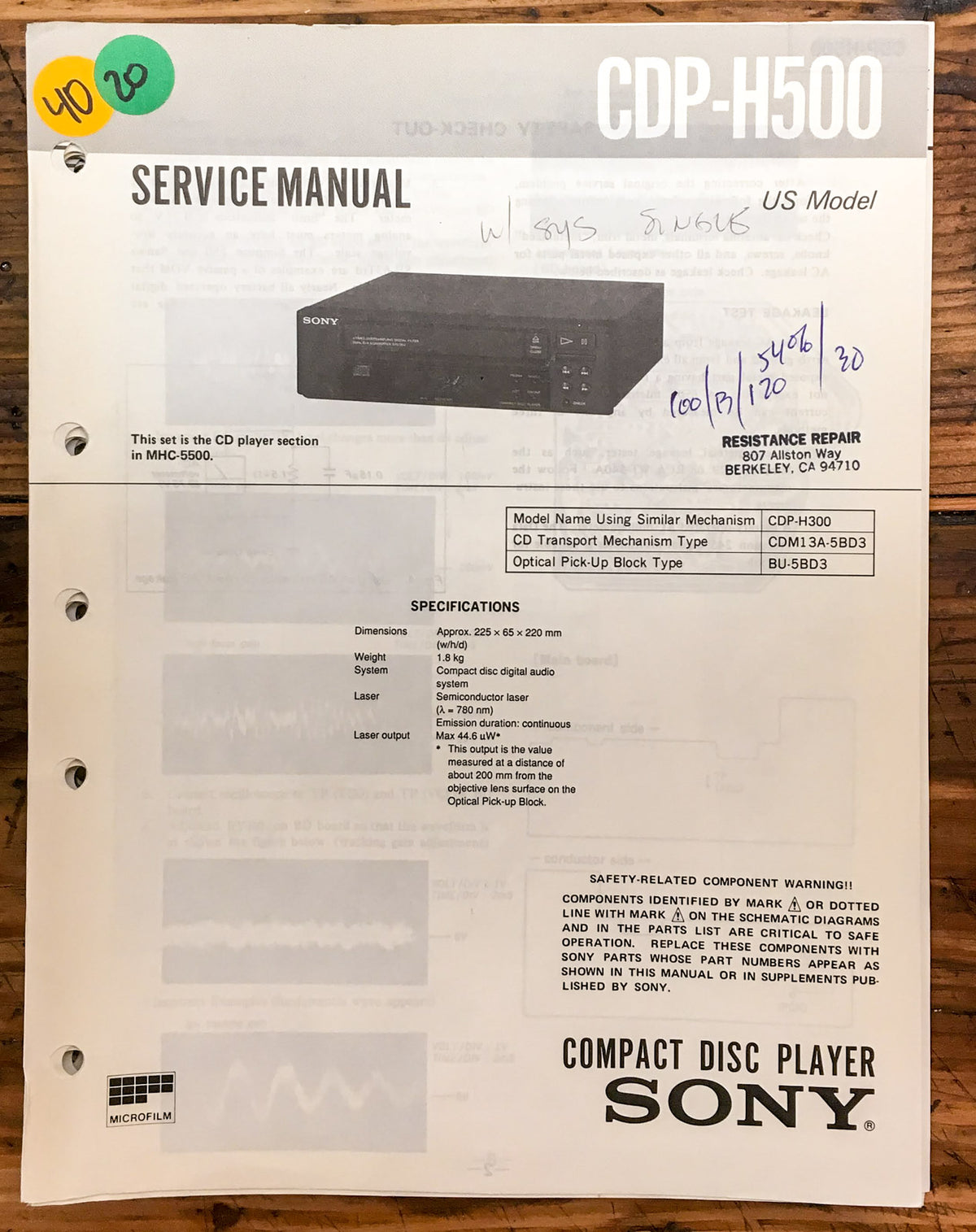 Sony CDP-H500 CD Player  Service Manual *Original*