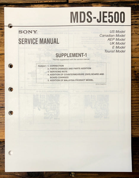 Sony MDS-JE500 MD Deck Supp. Service Manual *Original*